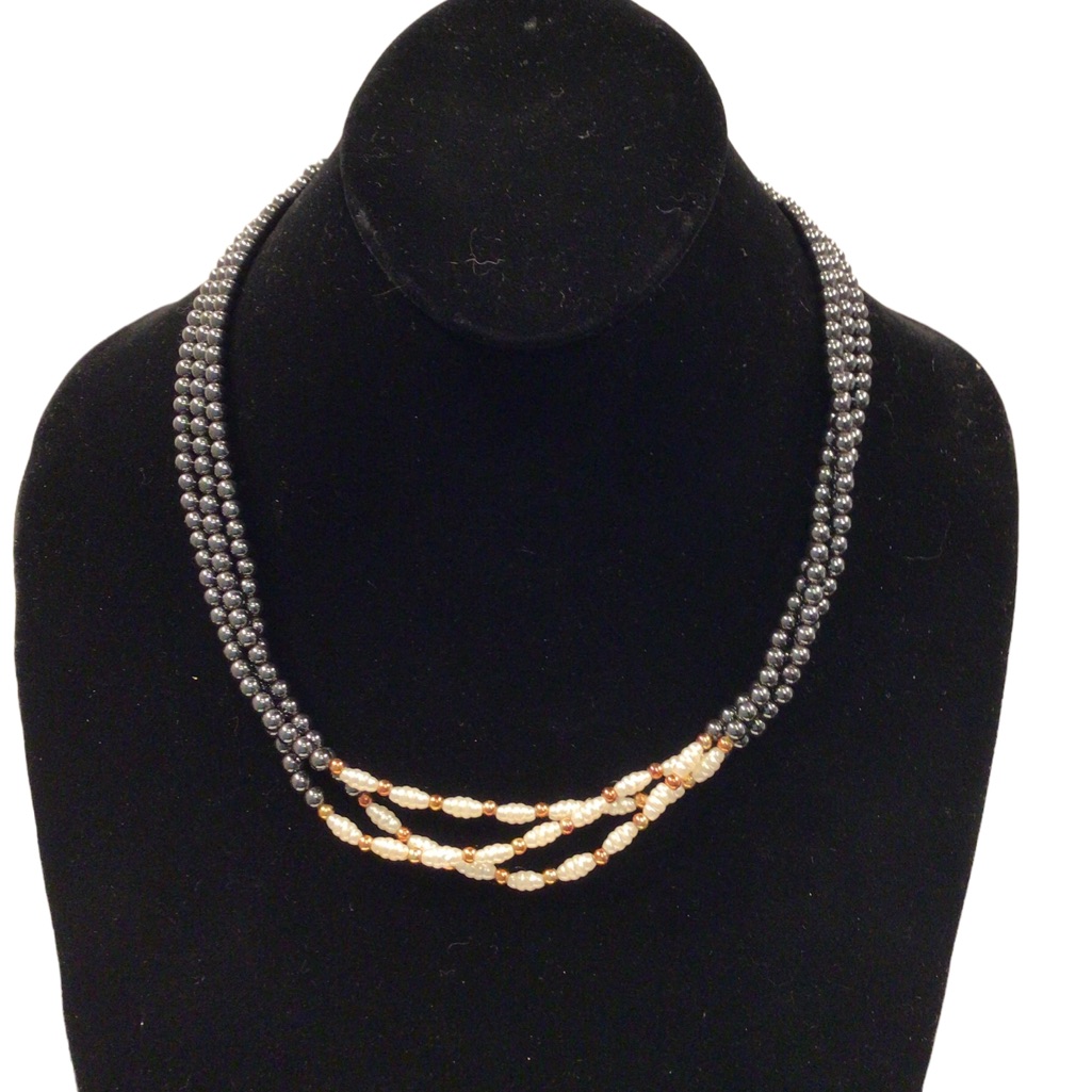 Multi Strand Silver Tone Metal Beads With Faux Pearls Necklace 16$